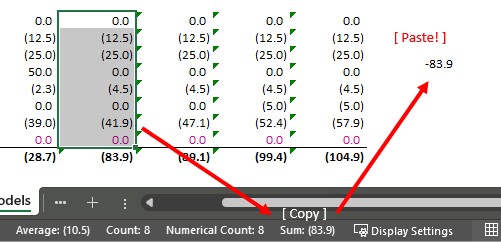 Selecting a range, right-clicking Sum in the status bar, and pasting the result directly into a cell